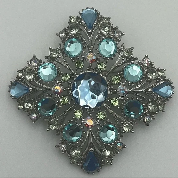 Vintage Aurora Borealis Silver Tone Blue Green Stones Brooch - Picture 1 of 13